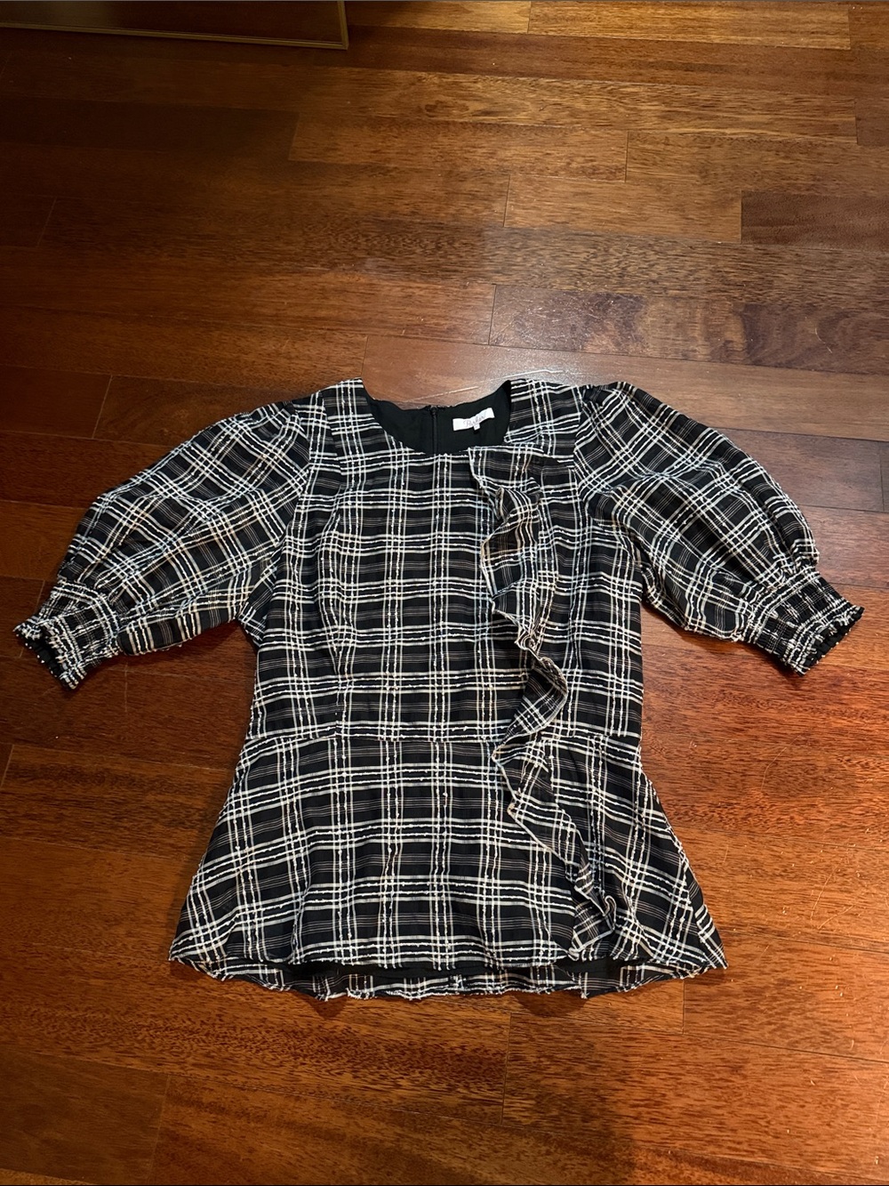 Parker Black Plaid Ruffle Sleeve Women's Top